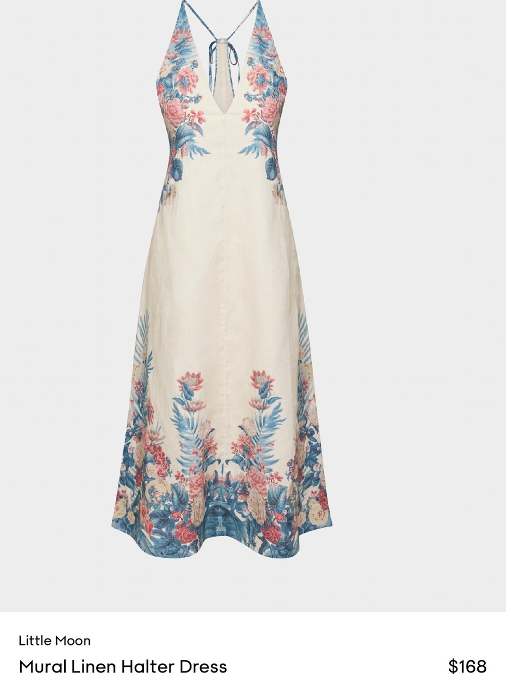 Aritzia/ Little Moon Cream Halter Midi Dress with Blue & Pink Floral Border